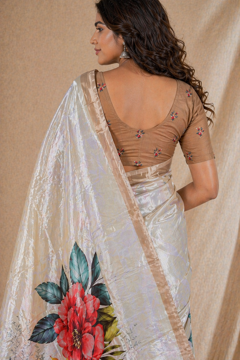 Cream Floral Printed Silk Saree With Beige Border