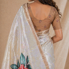 Cream Floral Printed Silk Saree With Beige Border