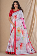 White Floral Printed Silk Saree With Red Border