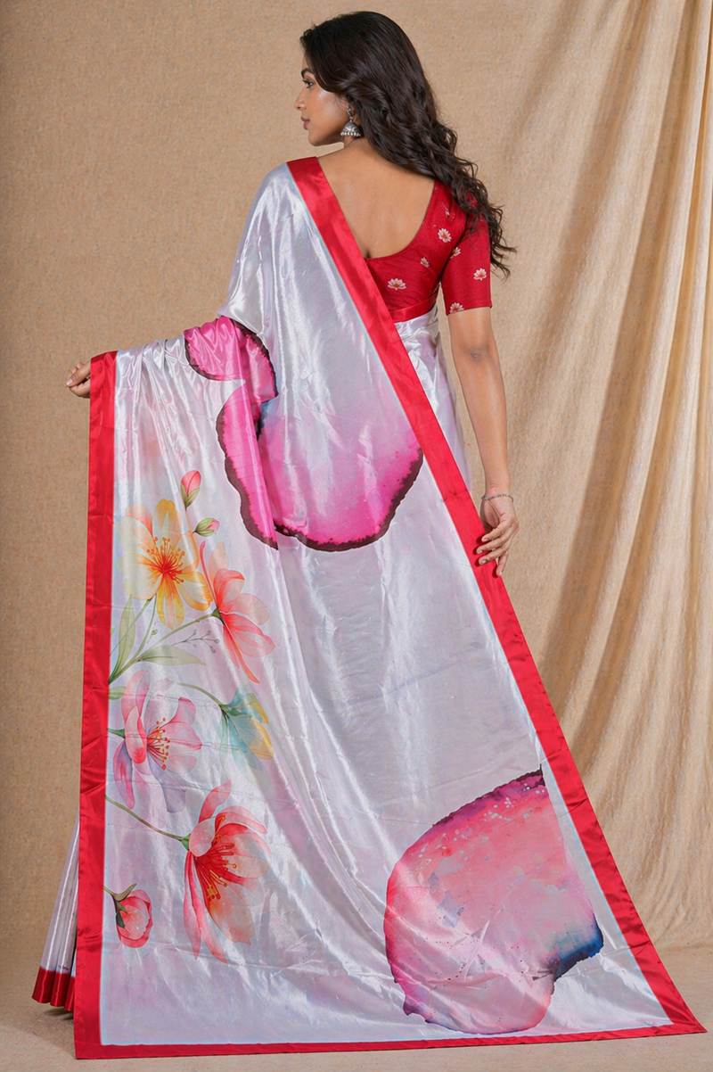 White Floral Printed Silk Saree With Red Border
