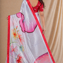 White Floral Printed Silk Saree With Red Border