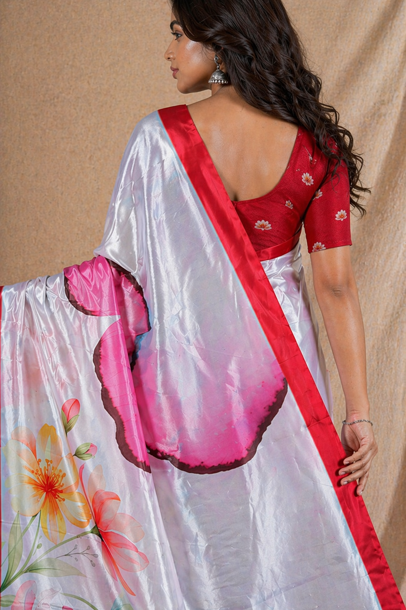 White Floral Printed Silk Saree With Red Border