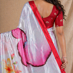 White Floral Printed Silk Saree With Red Border