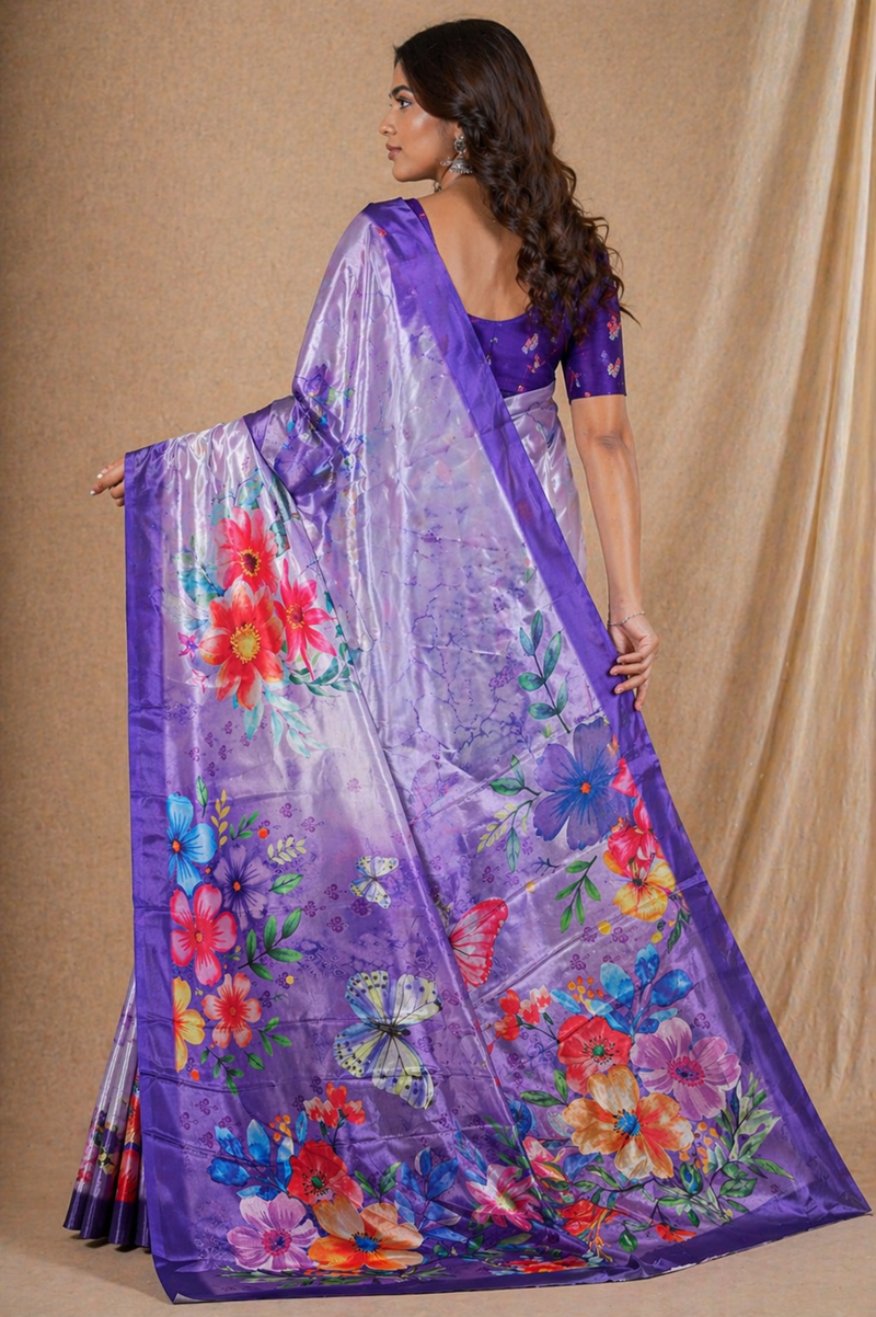 Lavender Purple Floral Printed Silk Saree With Butterfly Design