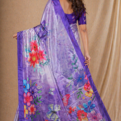 Lavender Purple Floral Printed Silk Saree With Butterfly Design