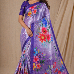 Lavender Purple Floral Printed Silk Saree With Butterfly Design