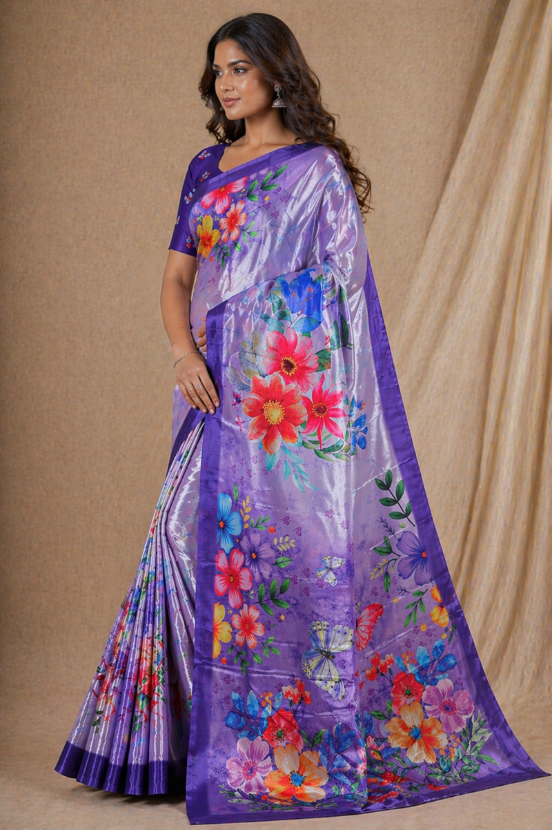 Lavender Purple Floral Printed Silk Saree With Butterfly Design