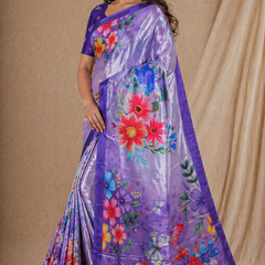 Lavender Purple Floral Printed Silk Saree With Butterfly Design