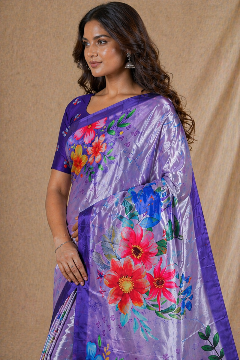 Lavender Purple Floral Printed Silk Saree With Butterfly Design