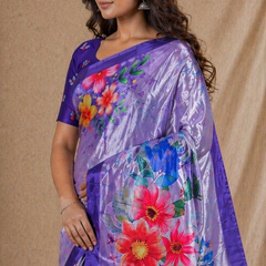Lavender Purple Floral Printed Silk Saree With Butterfly Design