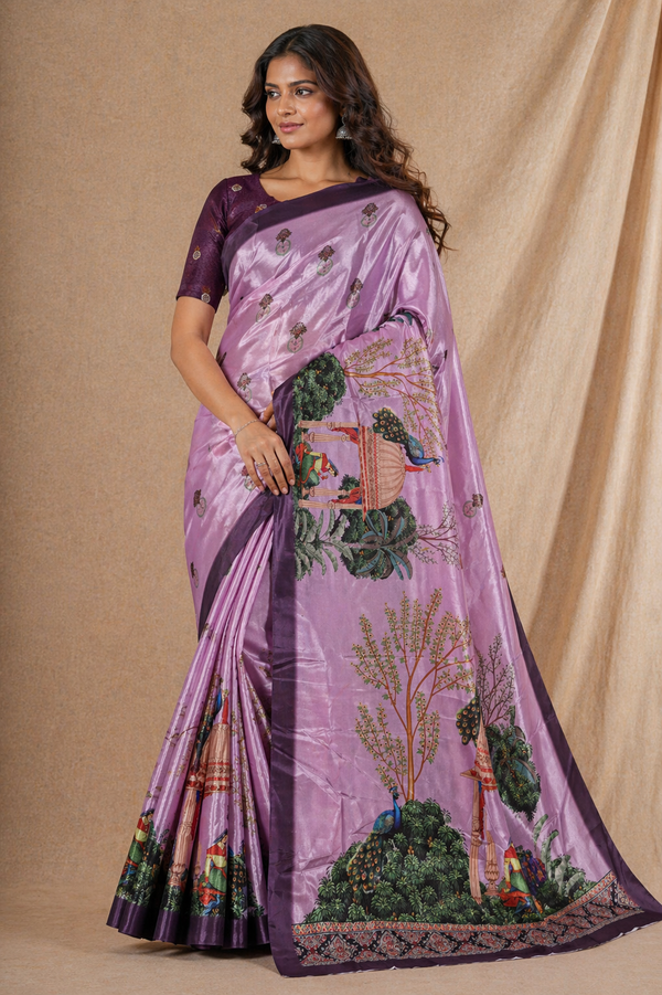 Lavender Pink Scenic Printed Silk Saree With Peacock Design