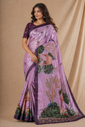 Lavender Pink Scenic Printed Silk Saree With Peacock Design
