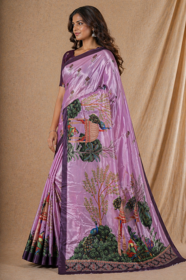 Lavender Pink Scenic Printed Silk Saree With Peacock Design