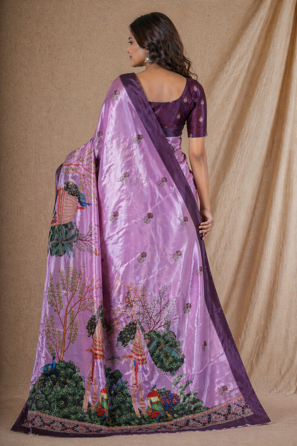 Lavender Pink Scenic Printed Silk Saree With Peacock Design