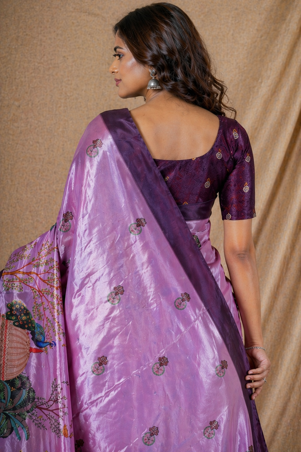 Lavender Pink Scenic Printed Silk Saree With Peacock Design