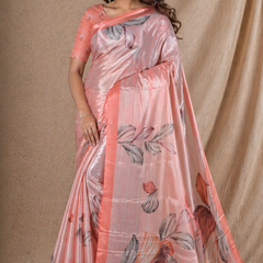 Peach Floral Printed Silk Saree With Soft Gloss Finish