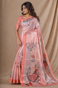 Peach Floral Printed Silk Saree With Soft Gloss Finish