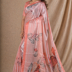 Peach Floral Printed Silk Saree With Soft Gloss Finish