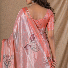 Peach Floral Printed Silk Saree With Soft Gloss Finish