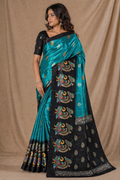 Teal Blue Black Peacock Print Silk Saree With Designer Pallu