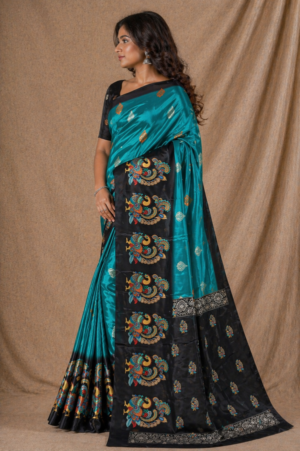 Teal Blue Black Peacock Print Silk Saree With Designer Pallu