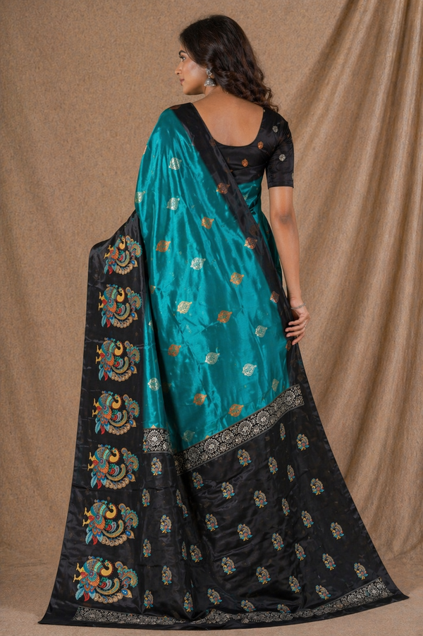 Teal Blue Black Peacock Print Silk Saree With Designer Pallu