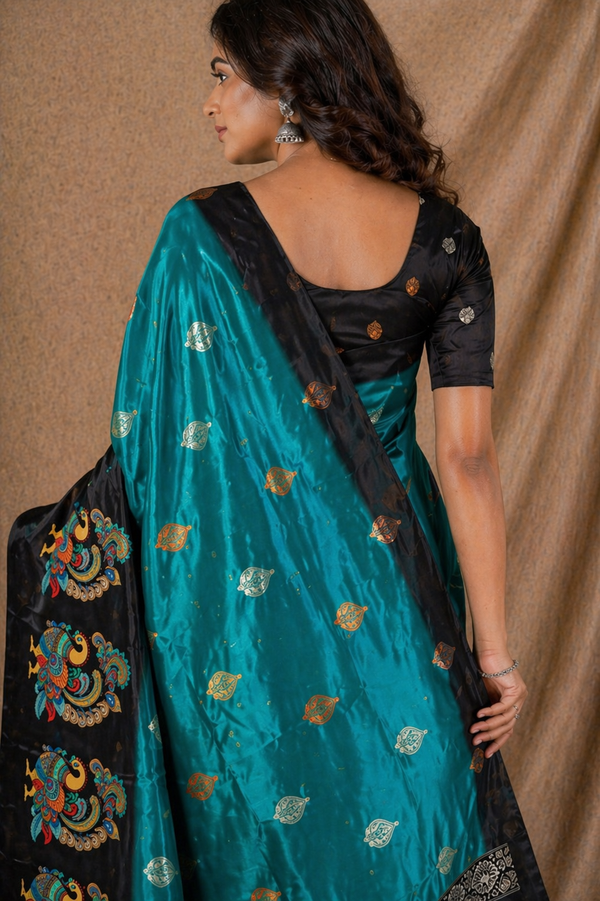 Teal Blue Black Peacock Print Silk Saree With Designer Pallu