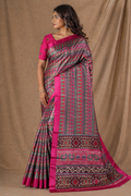 Rani Pink Black Traditional Printed Silk Saree With Designer Border