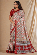 Cream Red Geometric Print Silk Saree With Ethnic Border