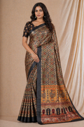 Black Printed Silk Saree With Traditional Temple Border