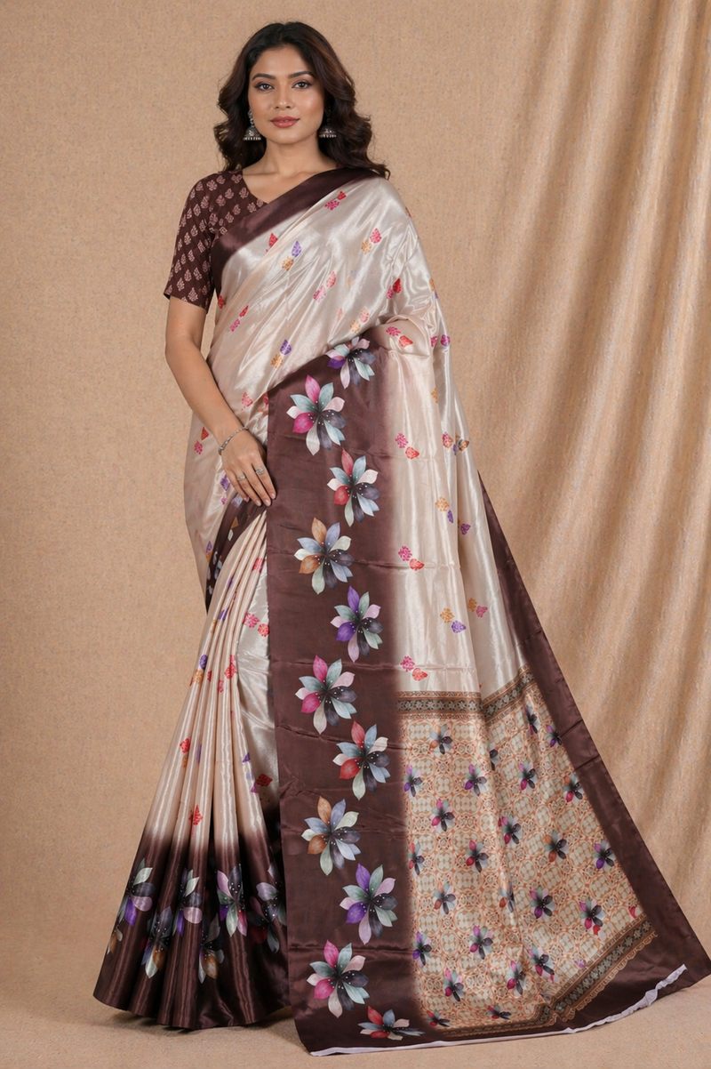 Elegant Beige & Brown Floral Printed Silk Saree With Designer Pallu