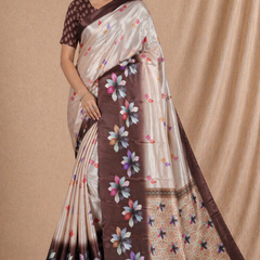 Elegant Beige & Brown Floral Printed Silk Saree With Designer Pallu