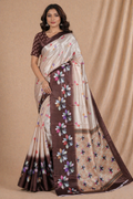 Elegant Beige & Brown Floral Printed Silk Saree With Designer Pallu