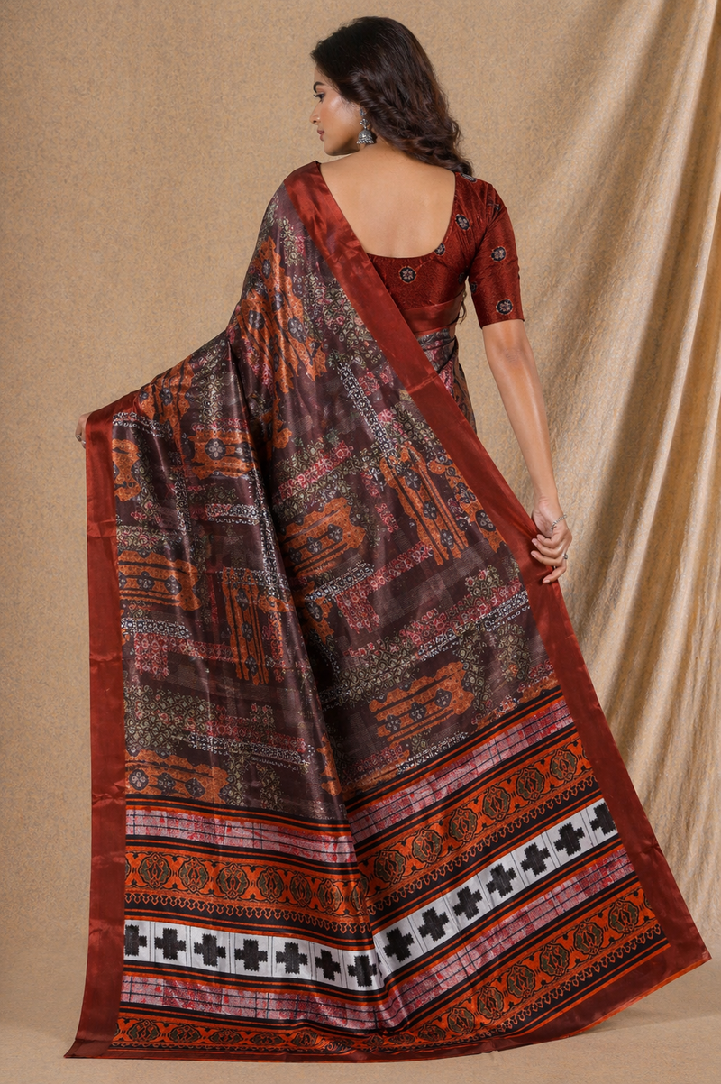 Rust Brown Ethnic Printed Silk Saree With Traditional Border Design