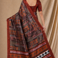 Rust Brown Ethnic Printed Silk Saree With Traditional Border Design