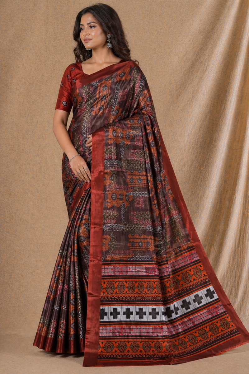 Rust Brown Ethnic Printed Silk Saree With Traditional Border Design