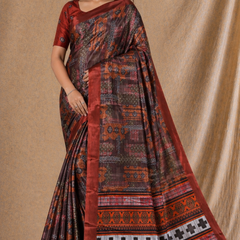 Rust Brown Ethnic Printed Silk Saree With Traditional Border Design