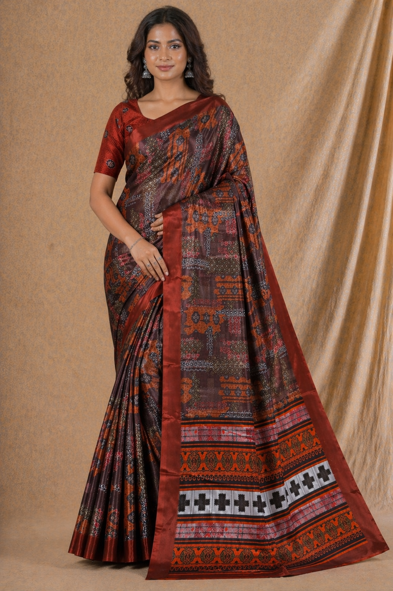 Rust Brown Ethnic Printed Silk Saree With Traditional Border Design