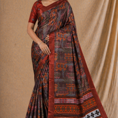 Rust Brown Ethnic Printed Silk Saree With Traditional Border Design