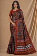 Rust Brown Ethnic Printed Silk Saree With Traditional Border Design
