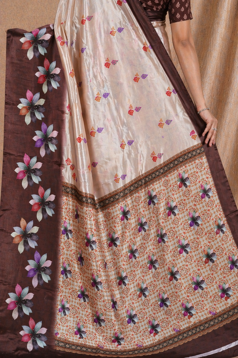 Elegant Beige & Brown Floral Printed Silk Saree With Designer Pallu