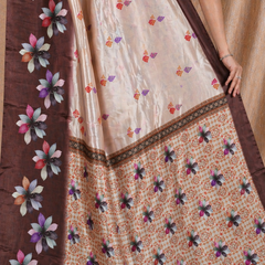 Elegant Beige & Brown Floral Printed Silk Saree With Designer Pallu