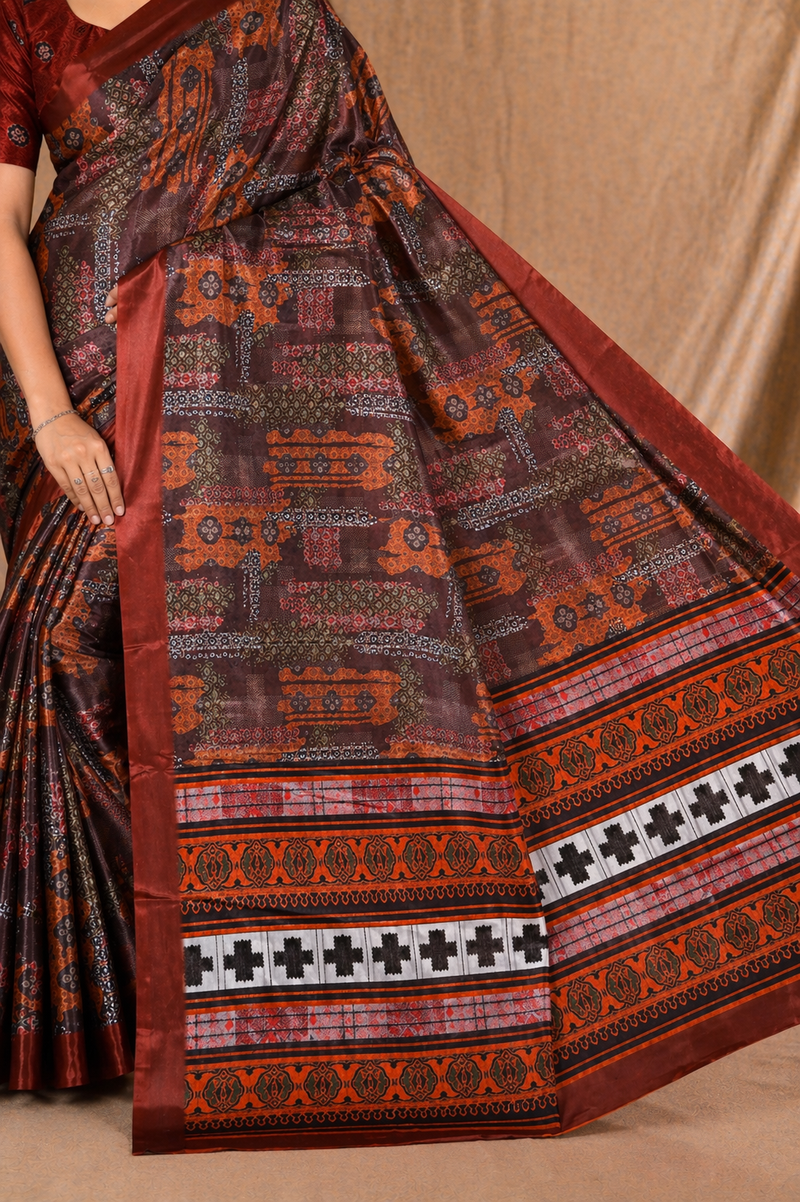 Rust Brown Ethnic Printed Silk Saree With Traditional Border Design