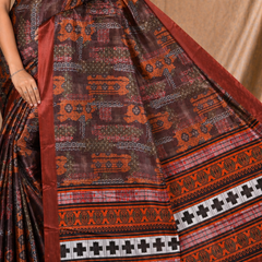 Rust Brown Ethnic Printed Silk Saree With Traditional Border Design