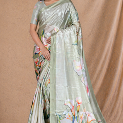 Elegant Sage Green Floral Printed Silk Saree With Lily Motif
