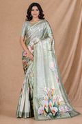 Elegant Sage Green Floral Printed Silk Saree With Lily Motif