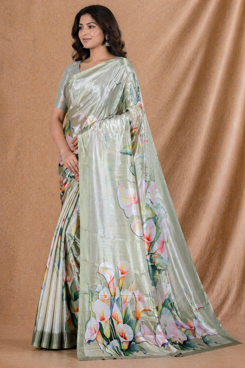Elegant Sage Green Floral Printed Silk Saree With Lily Motif