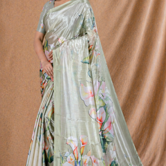 Elegant Sage Green Floral Printed Silk Saree With Lily Motif