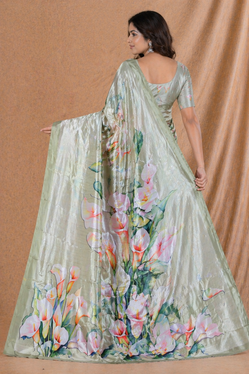 Elegant Sage Green Floral Printed Silk Saree With Lily Motif
