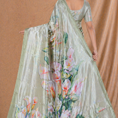 Elegant Sage Green Floral Printed Silk Saree With Lily Motif